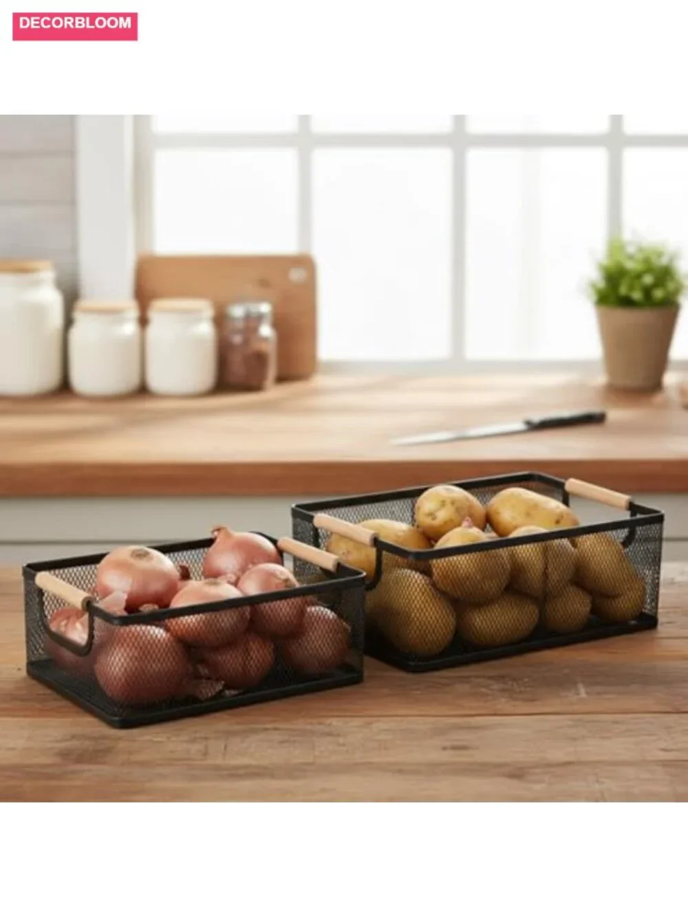 2-Piece Metal Mesh Storage Basket Set with Wood Handles Ventilated Kitchen